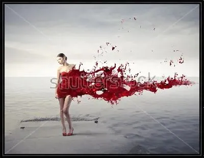 Картина Яркая композиция с девушкой на пирсе в ярком красном платье из всплеска краски