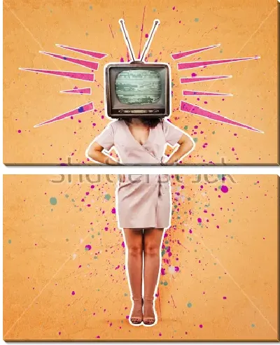 Модульная картина Забавный коллаж с женщиной в домашнем халате и телевизором вместо головы на фоне акварельных брызг