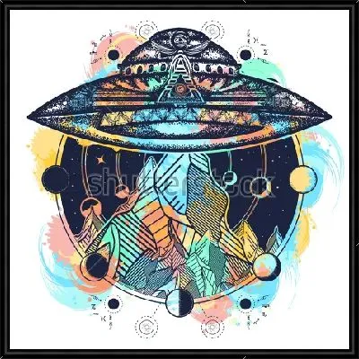 Яркий коллаж с летающей тарелкой над горным пейзажем и планетами в круге