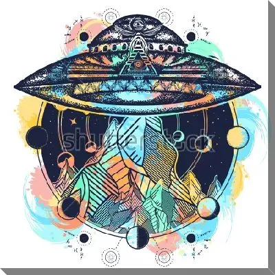 Яркий коллаж с летающей тарелкой над горным пейзажем и планетами в круге