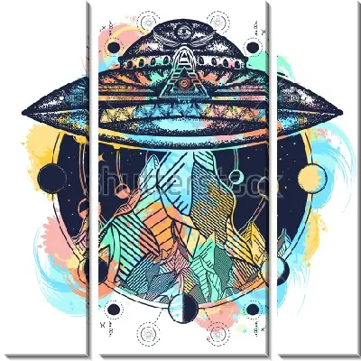 Яркий коллаж с летающей тарелкой над горным пейзажем и планетами в круге