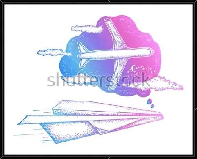 Иллюстрация мечты бумажного самолётика о настоящем самолёте и полётах