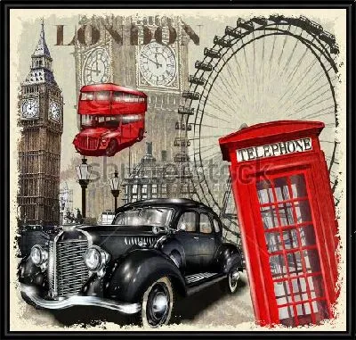 Яркий коллаж с символами Лондона - Биг-Беном, телефонной, будкой, такси и автобусом