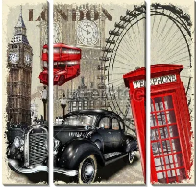 Яркий коллаж с символами Лондона - Биг-Беном, телефонной, будкой, такси и автобусом