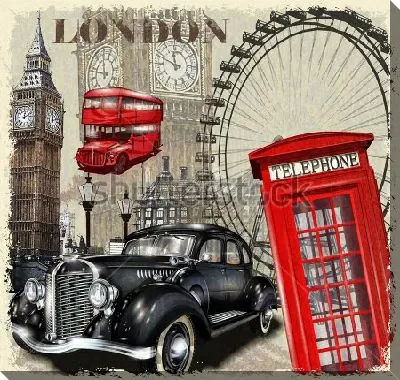 Яркий коллаж с символами Лондона - Биг-Беном, телефонной, будкой, такси и автобусом