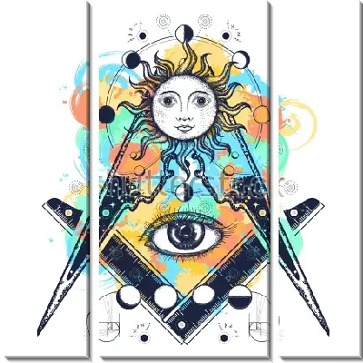 Модульная картина Яркий коллаж на тему эзотерики с солнцем, глазом, циркулем, линейкой и геометрическими фигурами