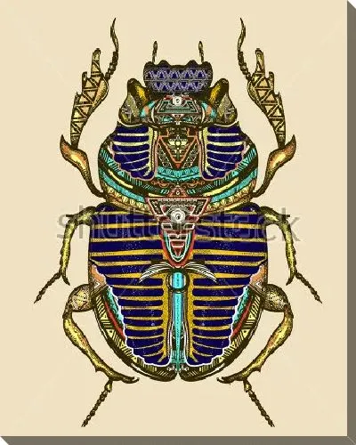 Постер Яркая иллюстрация египетского жука скарабея с древними символами и знаками