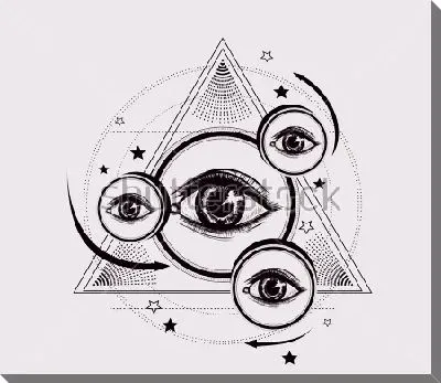 Геометрический коллаж из кругов с глазами в треугольнике