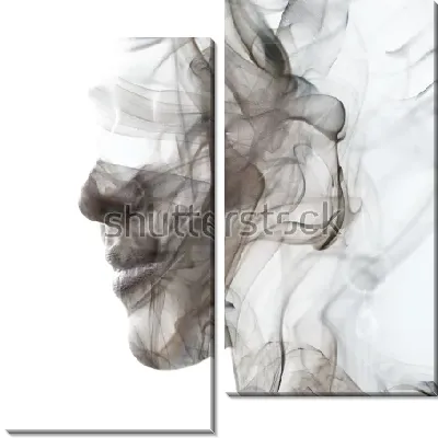 Двойная экспозиция с завитками и струйками дыма в силуэте лица