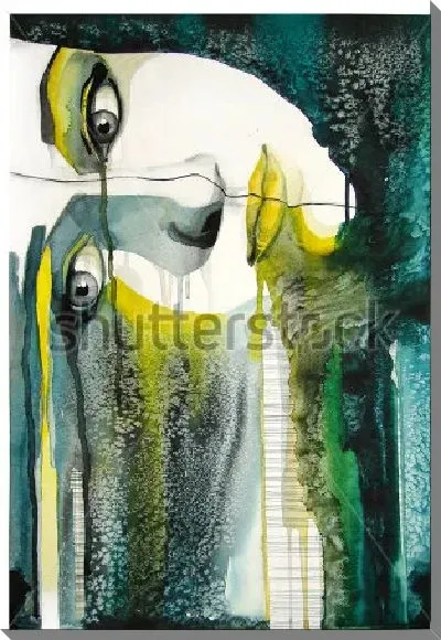 Картина маслом Яркий портрет девушки с акварельными потёками в абстрактном пейзаже