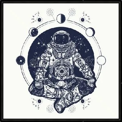 Космонавт в позе лотоса на фоне планет и звёздного неба в круге иллюминатора