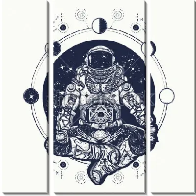 Космонавт в позе лотоса на фоне планет и звёздного неба в круге иллюминатора