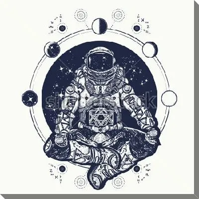 Космонавт в позе лотоса на фоне планет и звёздного неба в круге иллюминатора