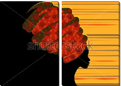 Модульная картина Яркая композиция с силуэтом африканской женщины в традиционной чалме на чёрном и полосатом фоне