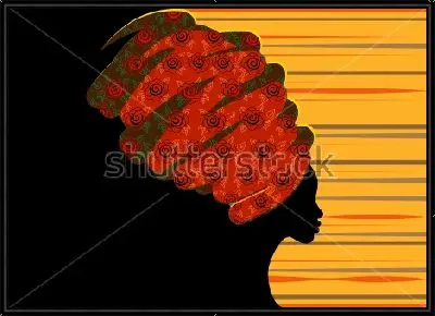 Картина Яркая композиция с силуэтом африканской женщины в традиционной чалме на чёрном и полосатом фоне