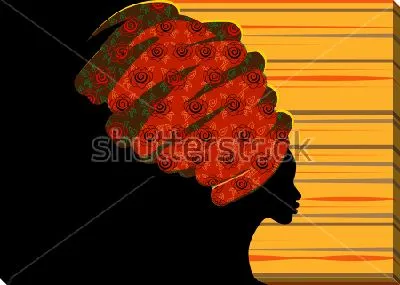 Постер Яркая композиция с силуэтом африканской женщины в традиционной чалме на чёрном и полосатом фоне