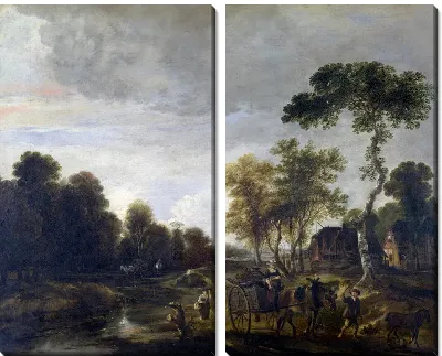 Вечерний пейзаж с лошадью и телегой