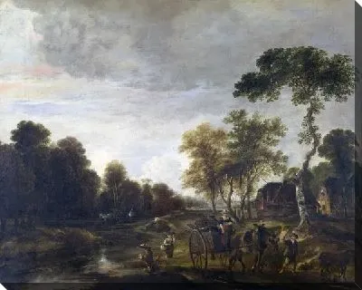 Картина Вечерний пейзаж с лошадью и телегой