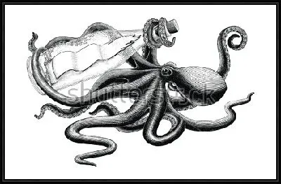 Чёрно-белая иллюстрация осьминога с посланием в бутылке