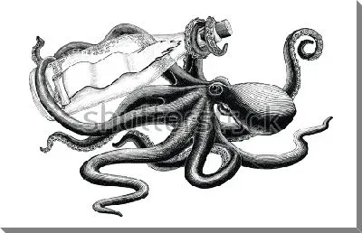 Чёрно-белая иллюстрация осьминога с посланием в бутылке