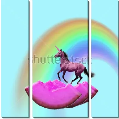 Модульная картина Яркий коллаж с розовым единорогом на розовых кусочках дыни и радугой на голубом фоне
