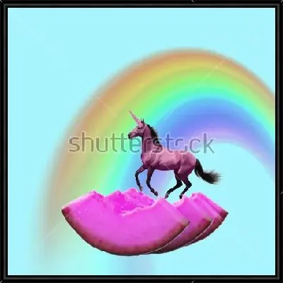 Картина Яркий коллаж с розовым единорогом на розовых кусочках дыни и радугой на голубом фоне