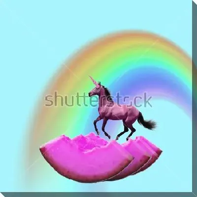 Постер Яркий коллаж с розовым единорогом на розовых кусочках дыни и радугой на голубом фоне