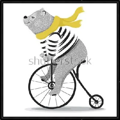 Милый медведь в золотом шарфе едет на цирковом велосипеде