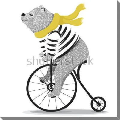 Милый медведь в золотом шарфе едет на цирковом велосипеде