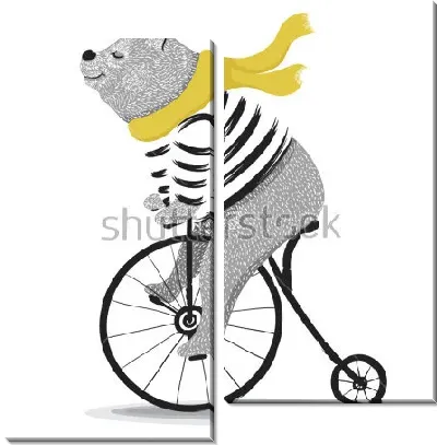 Милый медведь в золотом шарфе едет на цирковом велосипеде