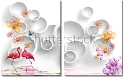Модульная картина Коллаж с парой розовых фламинго, бабочками и цветами на фоне композиции из колец
