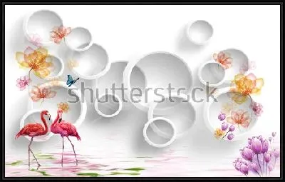 Картина Коллаж с парой розовых фламинго, бабочками и цветами на фоне композиции из колец