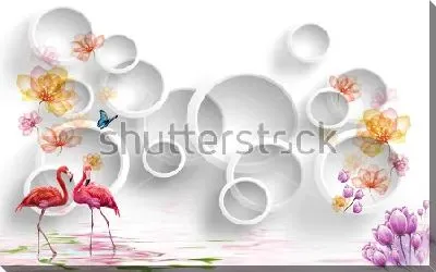 Постер Коллаж с парой розовых фламинго, бабочками и цветами на фоне композиции из колец