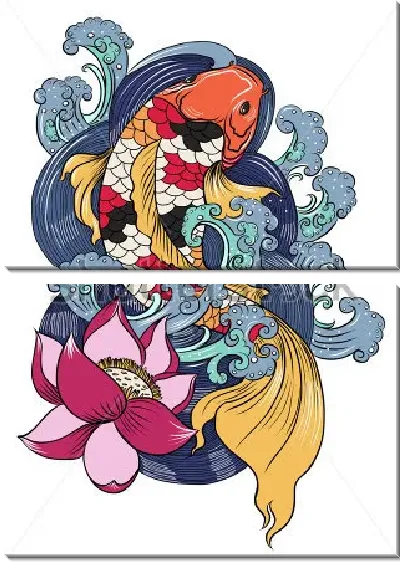 Модульная картина Красочный коллаж с красивой пёстрой рыбкой и розовым лотосом на фоне бурлящих волн