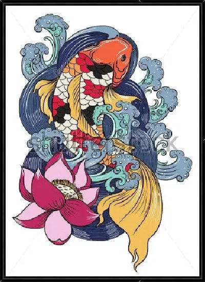 Картина Красочный коллаж с красивой пёстрой рыбкой и розовым лотосом на фоне бурлящих волн