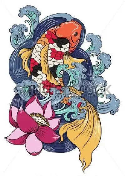 Плакат Красочный коллаж с красивой пёстрой рыбкой и розовым лотосом на фоне бурлящих волн