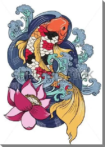 Постер Красочный коллаж с красивой пёстрой рыбкой и розовым лотосом на фоне бурлящих волн