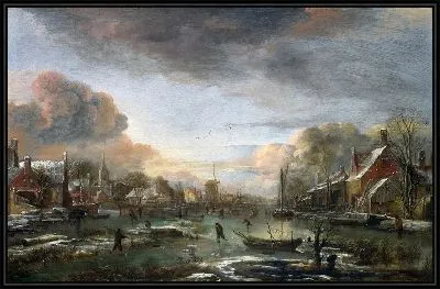 Вечер, замерзшая река возле города