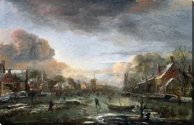 Картина Вечер, замерзшая река возле города