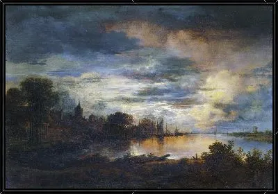 Деревня возле реки в лунном свете