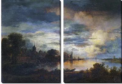 Деревня возле реки в лунном свете