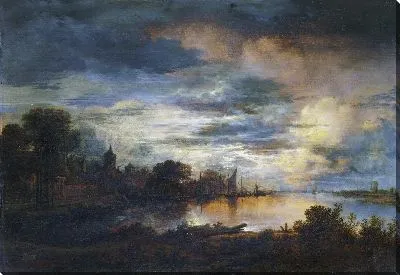 Картина Деревня возле реки в лунном свете