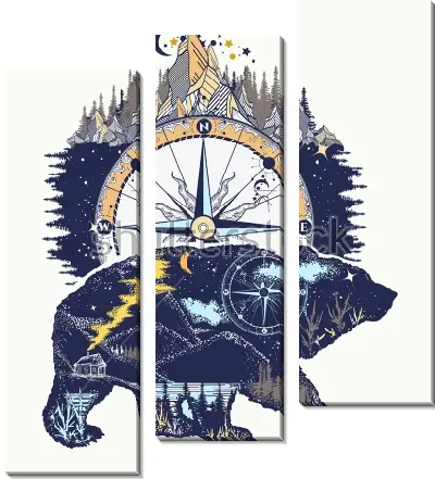 Модульная картина Яркий коллаж на тему открытий и путешествий с компасом, горами, лесами и медведем