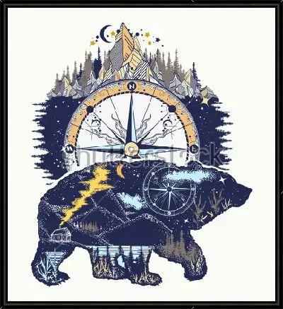 Яркий коллаж на тему открытий и путешествий с компасом, горами, лесами и медведем