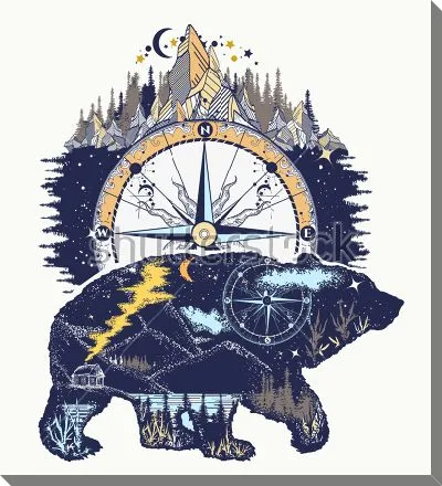 Яркий коллаж на тему открытий и путешествий с компасом, горами, лесами и медведем