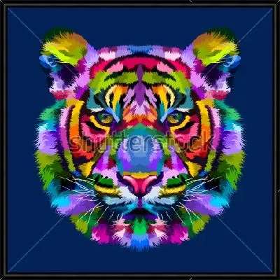 Яркая разноцветная голова тигра на синем фоне