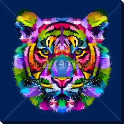 Яркая разноцветная голова тигра на синем фоне