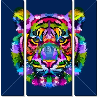 Яркая разноцветная голова тигра на синем фоне