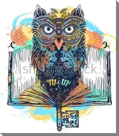 Яркий коллаж с мудрой учёной совой, держащей ключ знаний, на фоне раскрытой книги