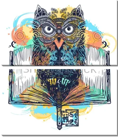 Яркий коллаж с мудрой учёной совой, держащей ключ знаний, на фоне раскрытой книги